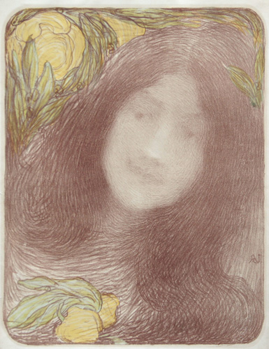 Edouard Aman-Jean: Sous les fleurs. Color lithograph.