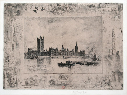 Felix Buhot etching and drypoint: Westminster Palace, London.