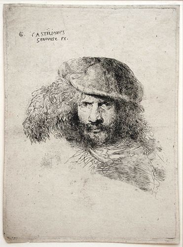 G. B. Castiglione etching: Head of a Young Man in a Feathered Beret.
