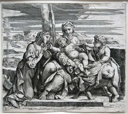 Jacques Friquet etching: The Virgin and Child with St. John and St. Catherine.