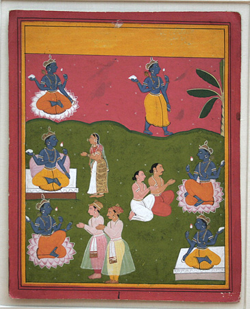 Indian miniature painting: Scenes with orship of Vishnu.