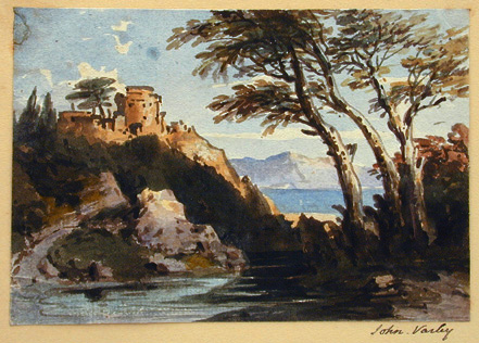 John Varley watercolor: A view of a lake with a castle in ruins.