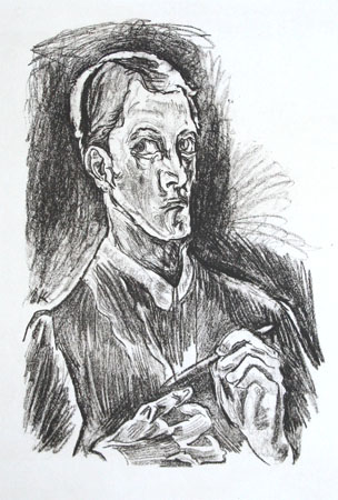 Oskar Kokoschka lithograph: Bust-Length Self-Portrait with Drawing Pencil.