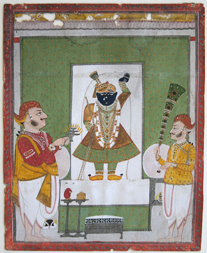 Rajput, Rajasthani, Udaipur: The God Shri Nathji in an Alcove with Devotees. Gouache, Indian miniature painting.