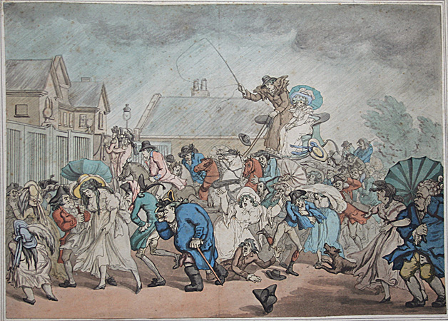 Thomas Rowlandson hand-colored etching and aquatint after Thomas Malton: A Sudden Squall in Hyde Park. 1791.