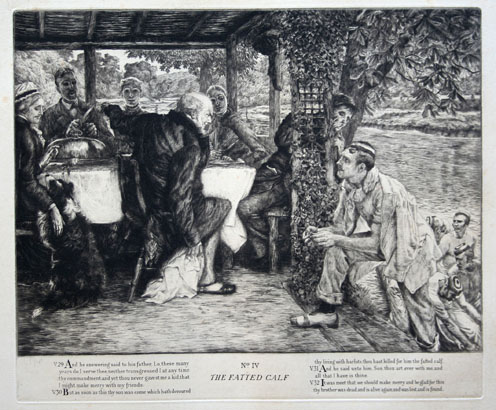 Plate 4 from Tissot set of etchings: L'Enfant Prodigue.